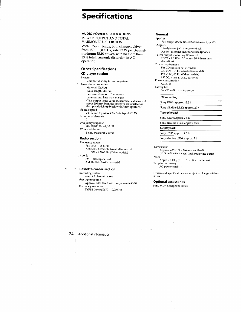 Specifications, Audio power specifications, Other specifications cd player section | Radio section, Cassette-corder section, General | Sony CFD-V15 User Manual | Page 24 / 25