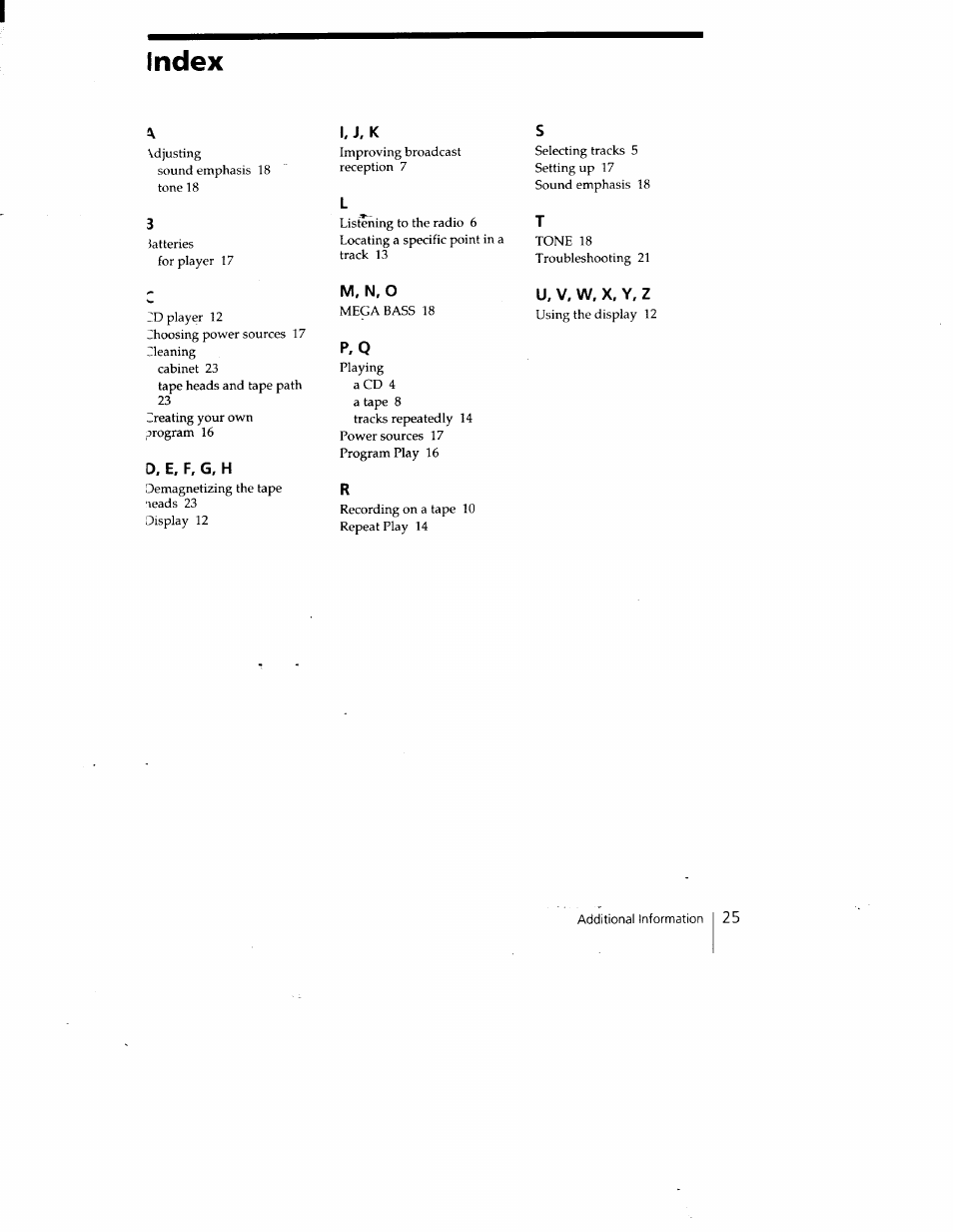 Index, I. i. k, D, e. f, g. h | M. n, o | Sony CFD-V15 User Manual | Page 25 / 25