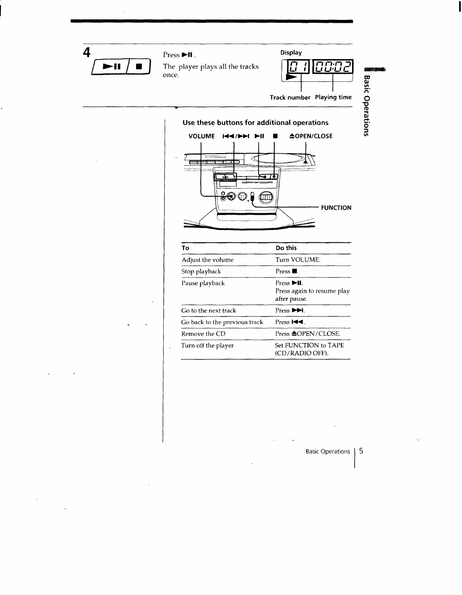 Display, Track number playing time, Use these buttons for additional operations | Volume {«/►m ml ■ ±open/close, Function, 1u f n n-n zt u u'u | Sony CFD-V15 User Manual | Page 5 / 25