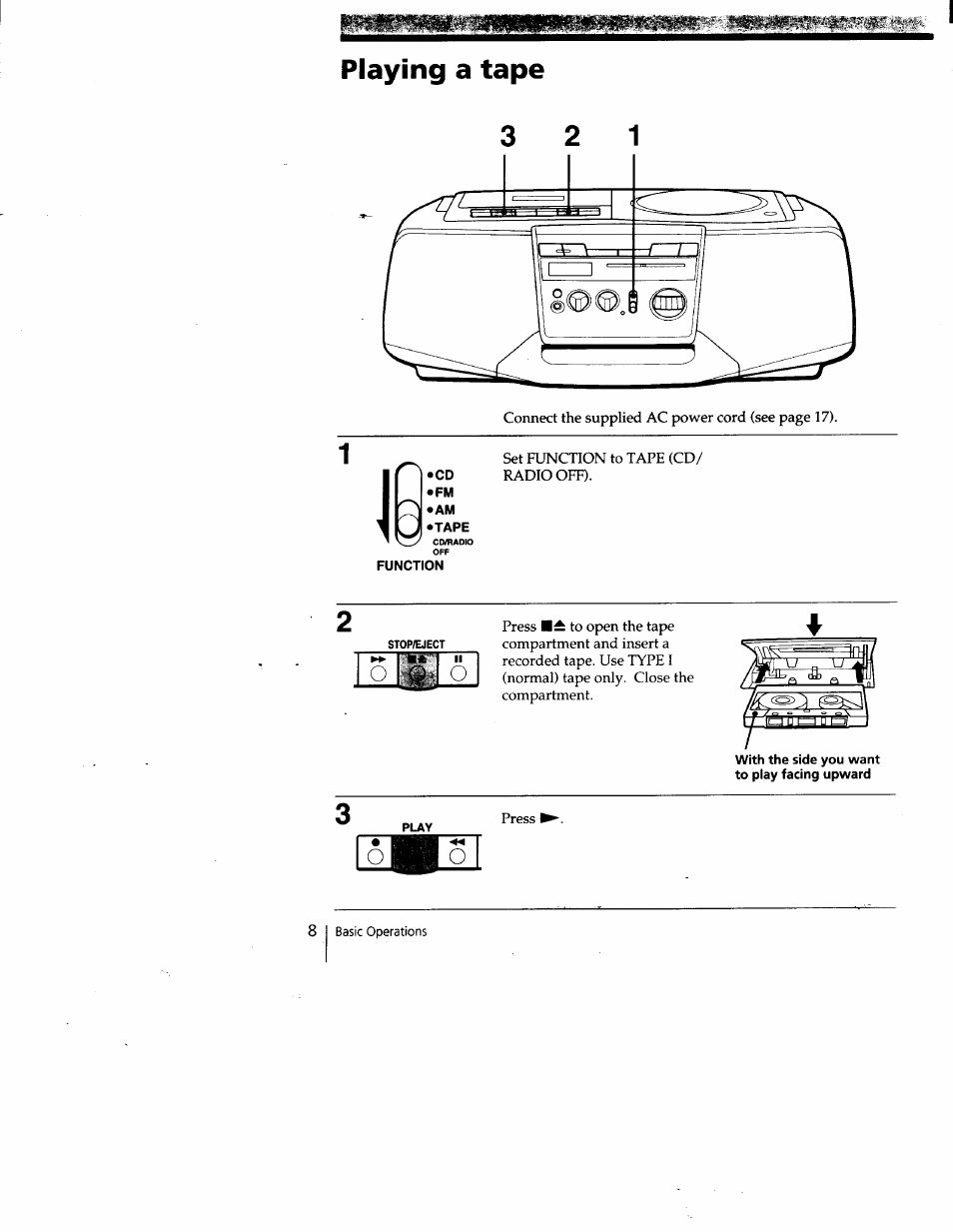 Playing a tape | Sony CFD-V15 User Manual | Page 8 / 25