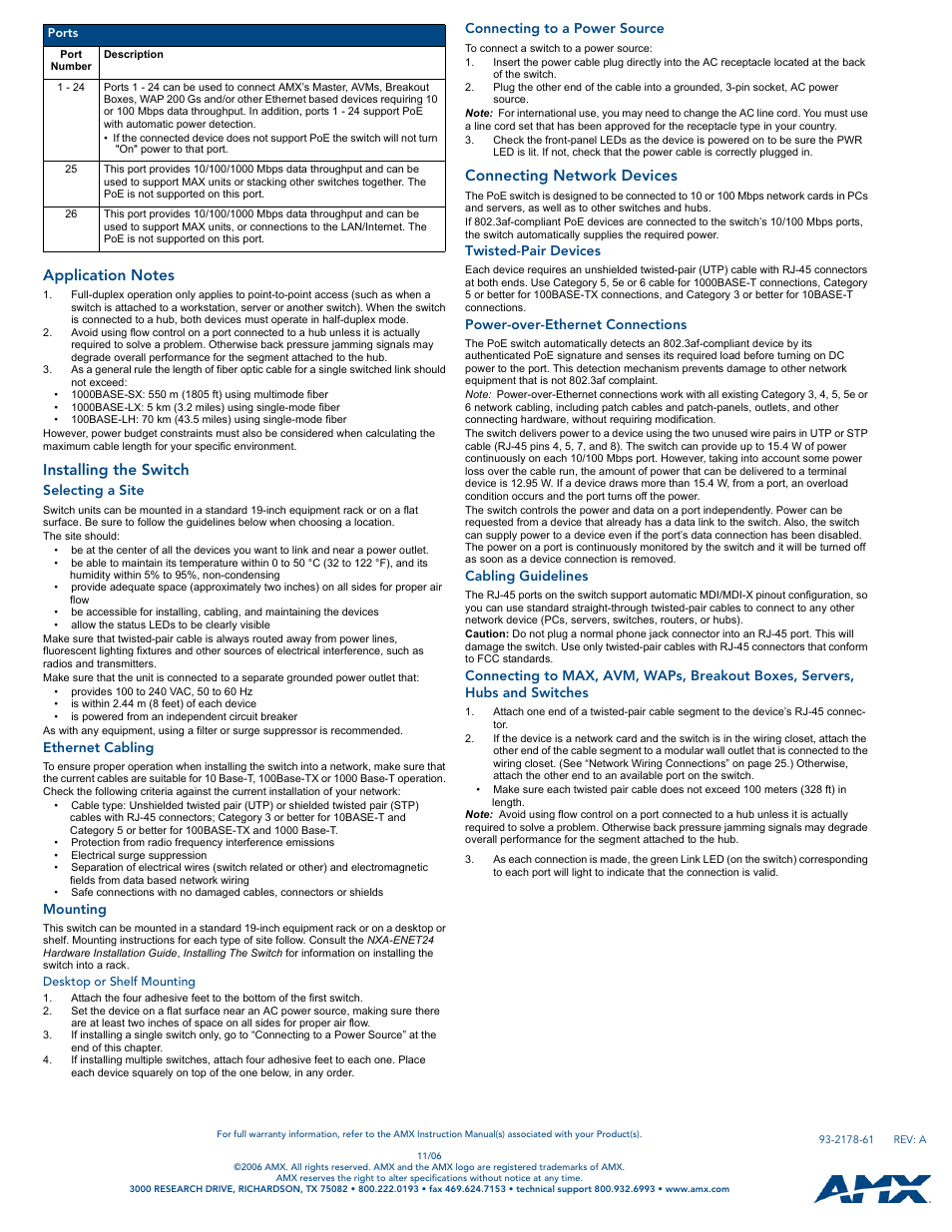 Application notes, Installing the switch, Selecting a site | Ethernet cabling, Mounting, Desktop or shelf mounting, Connecting to a power source, Connecting network devices, Twisted-pair devices, Power-over-ethernet connections | AMX NXA-ENET24 PoE User Manual | Page 2 / 2