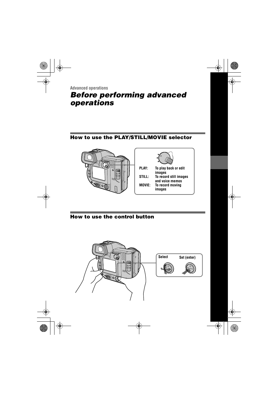 How to use the play/still/movie selector, How to use the control button, How to use the play/still | Movie selector, Advanced operations, Before performing advanced operations, R (29), N (29) | Sony MVC-FD95 User Manual | Page 29 / 68