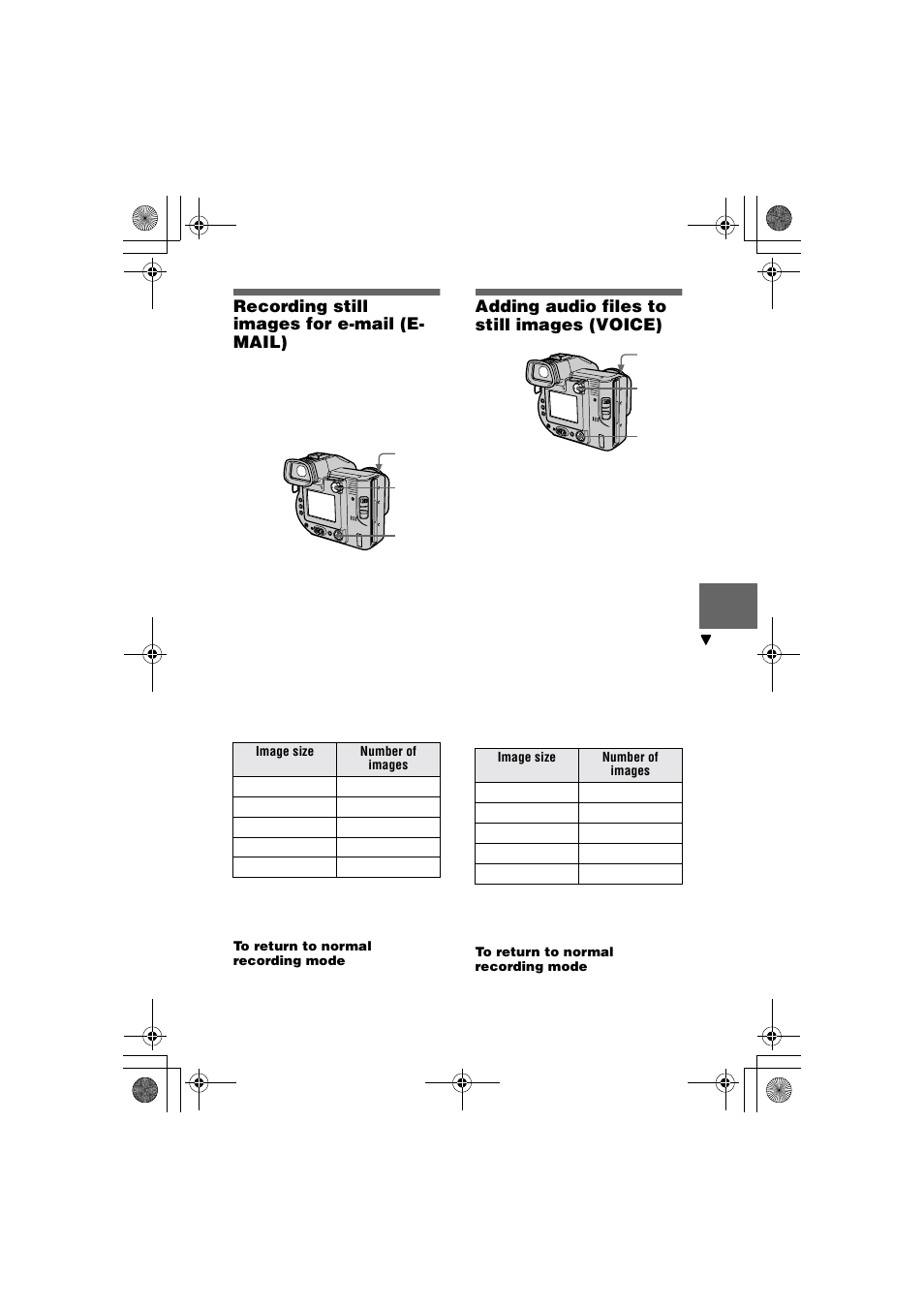 Recording still images for e-mail (e- mail), Adding audio files to still images (voice), Recording still images for e-mail | E-mail), Adding audio files to still images, Voice) | Sony MVC-FD95 User Manual | Page 37 / 68