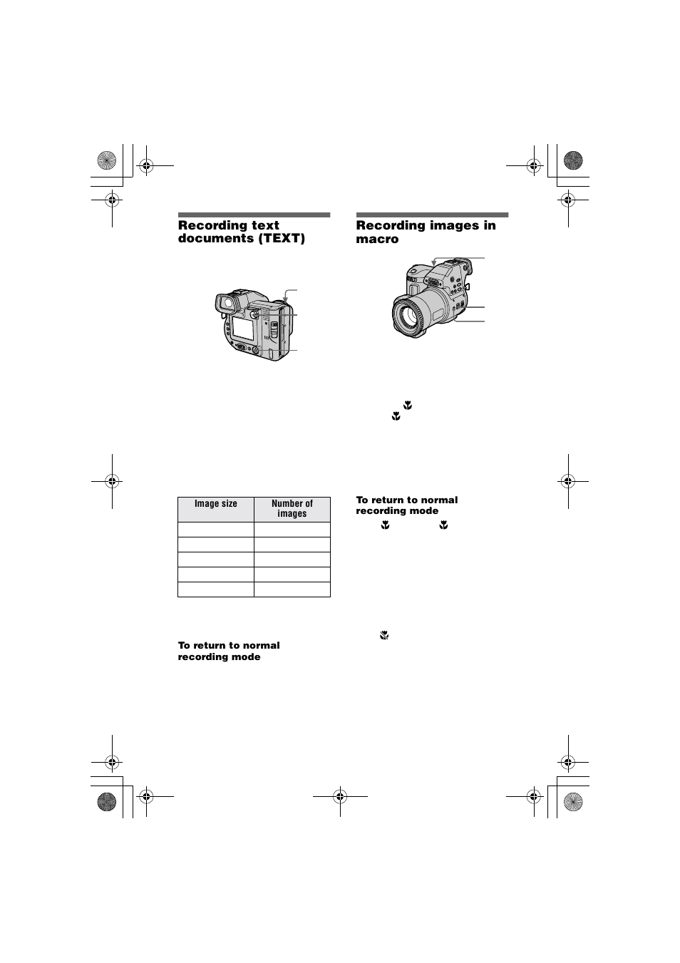 Recording text documents (text), Recording images in macro, Recording text documents | Text), N (38) | Sony MVC-FD95 User Manual | Page 38 / 68