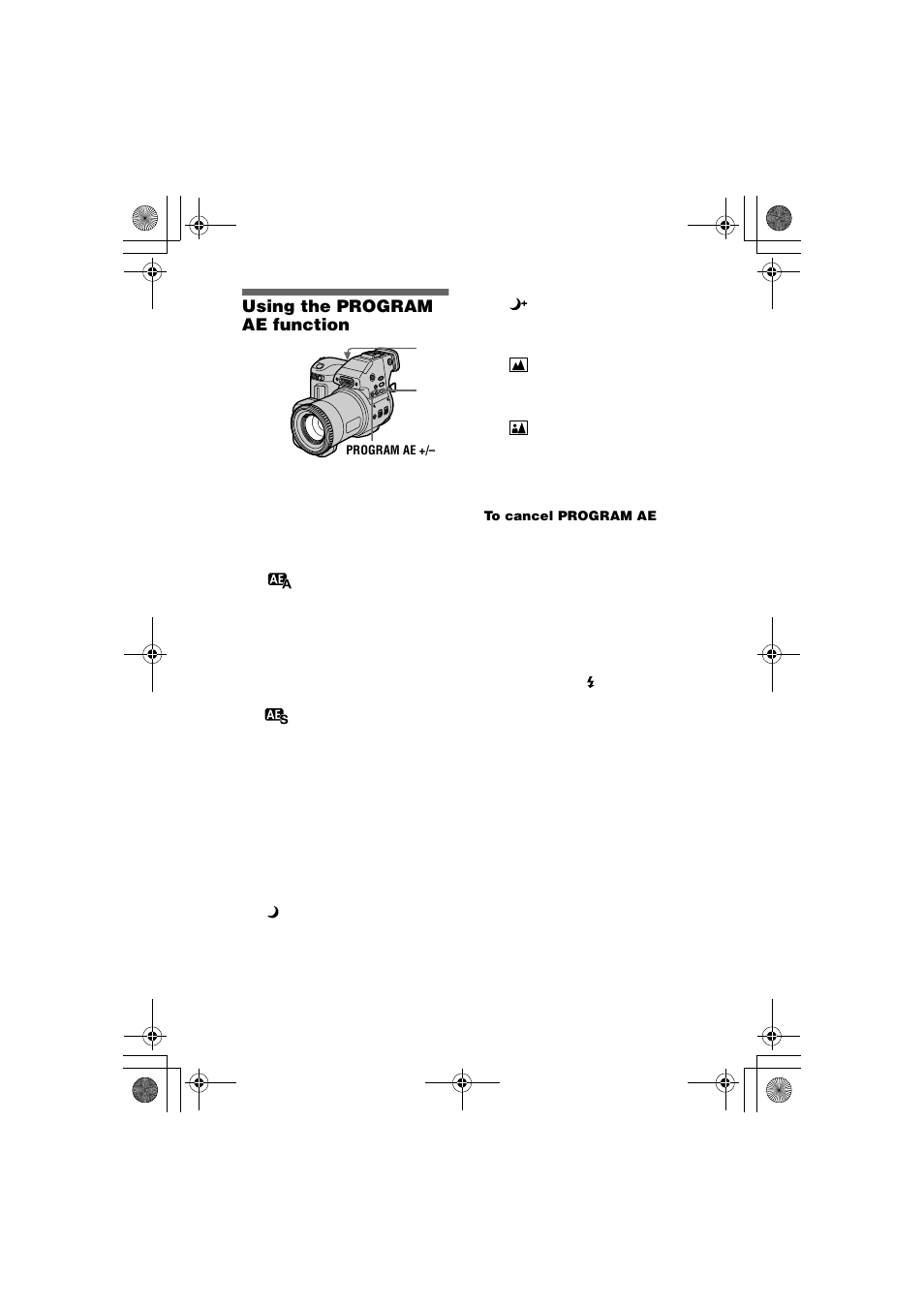 Using the program ae function, Using the program ae, Function | N (40), S (40) | Sony MVC-FD95 User Manual | Page 40 / 68