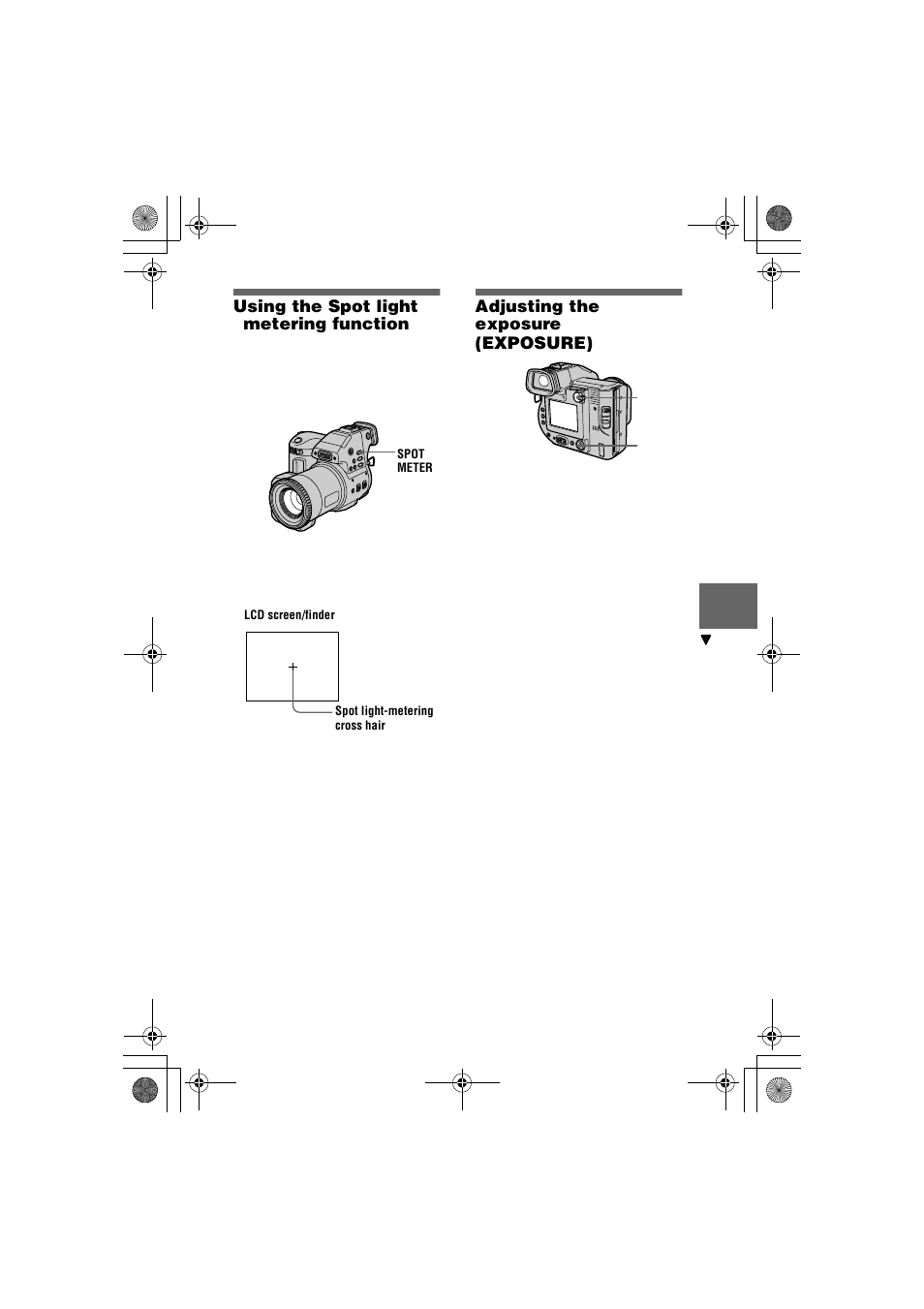 Using the spot light – metering function, Adjusting the exposure (exposure), Using the spot light | Metering function, Adjusting the exposure, Exposure), N (41) | Sony MVC-FD95 User Manual | Page 41 / 68