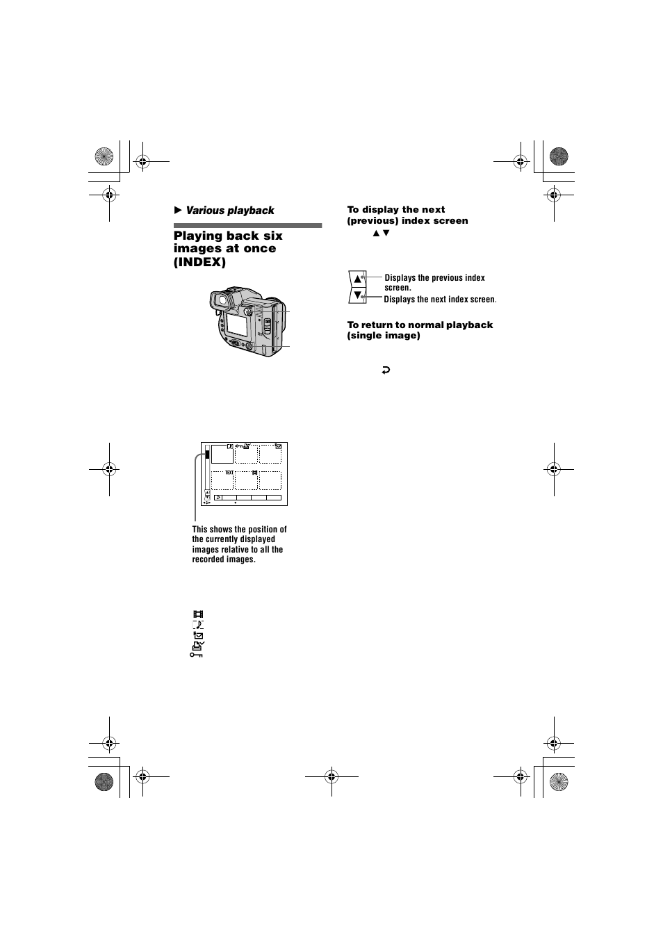 Playing back six images at once (index), B various playb, Playing back six images at once | Index) | Sony MVC-FD95 User Manual | Page 44 / 68