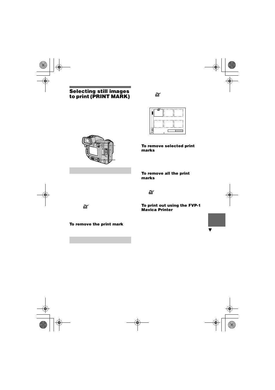 Selecting still images to print (print mark), Selecting still images to print, Print mark) | Sony MVC-FD95 User Manual | Page 53 / 68