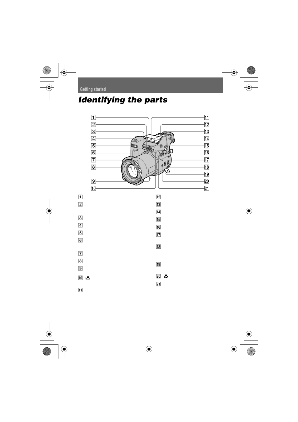 Identifying the parts, Getting started | Sony MVC-FD95 User Manual | Page 6 / 68