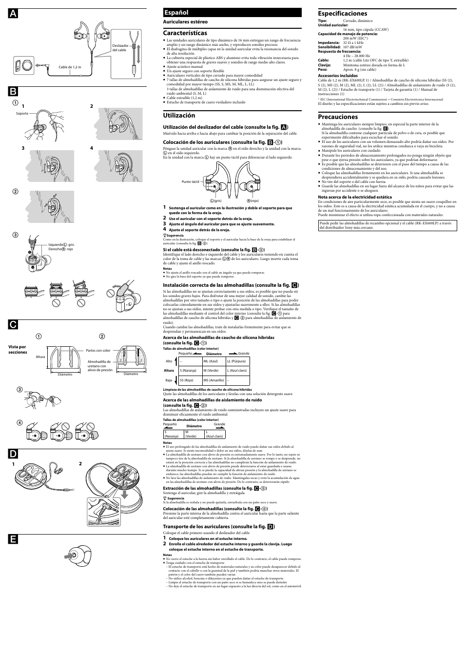 Español, Característícas, Utilización | Especificaciones, Precauciones | Sony MDR-EX600 User Manual | Page 2 / 2