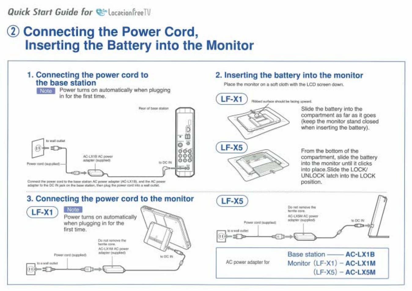 Lf-x 1 ), Quick start guide for, Connecting the power cord to the base station | Lf-x5), Lf-x5 ) | Sony LF-X5 User Manual | Page 3 / 8