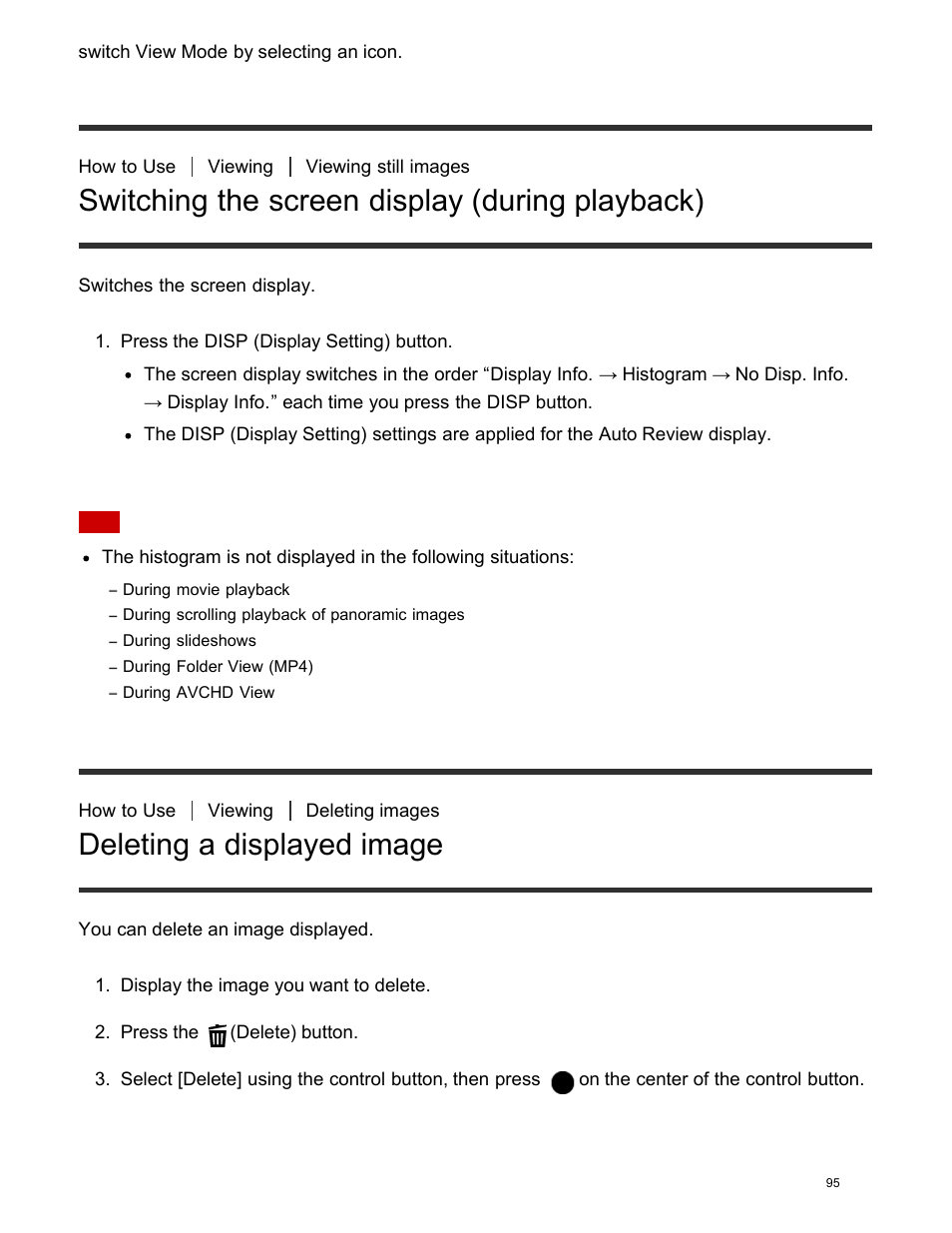 Switching the screen display (during playback), Deleting a displayed image, Deleting multiple selected images | Sony DSC-HX400V User Manual | Page 105 / 196