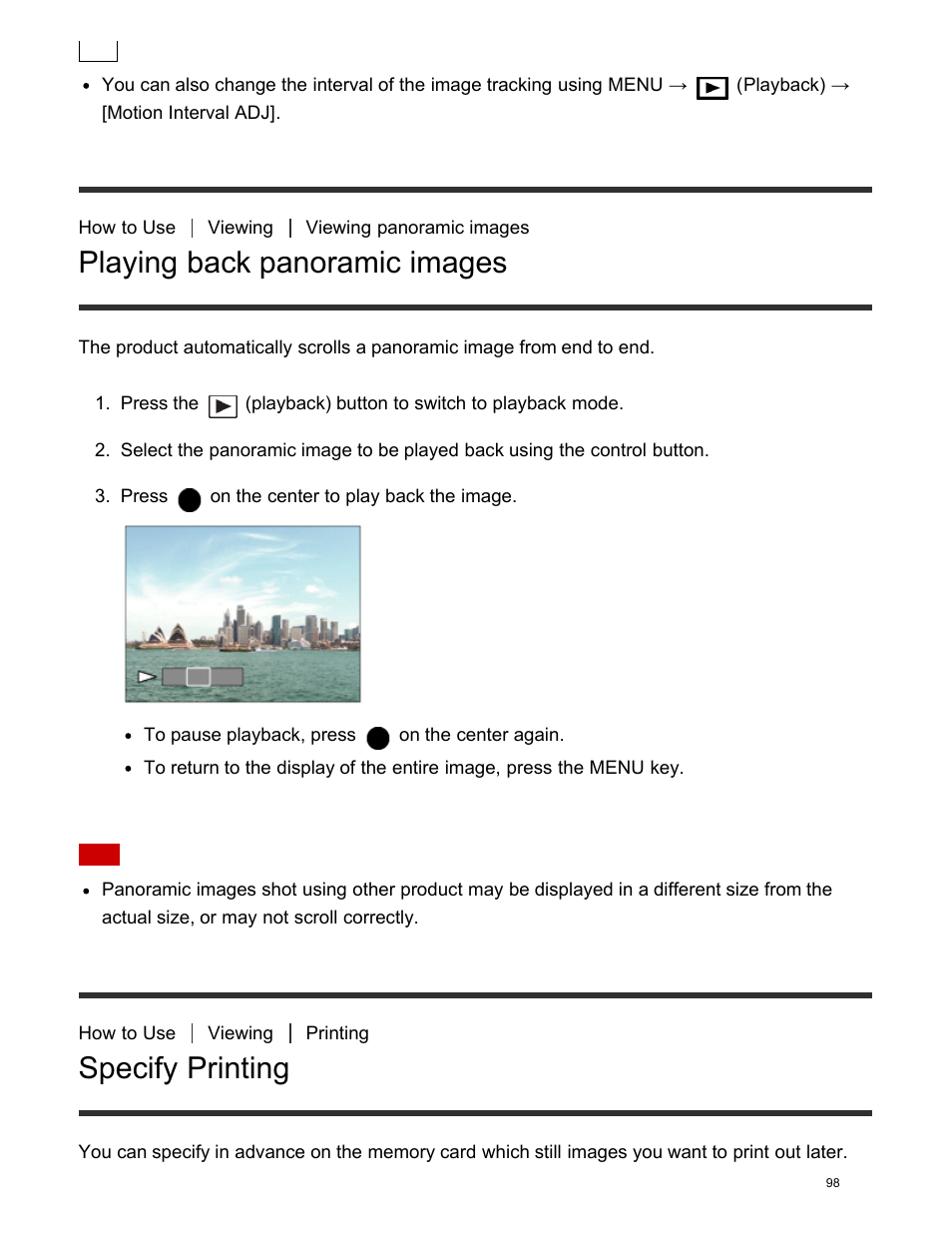 Playing back panoramic images, Specify printing | Sony DSC-HX400V User Manual | Page 108 / 196