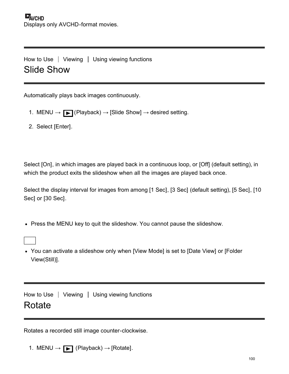 Slide show, Rotate | Sony DSC-HX400V User Manual | Page 110 / 196