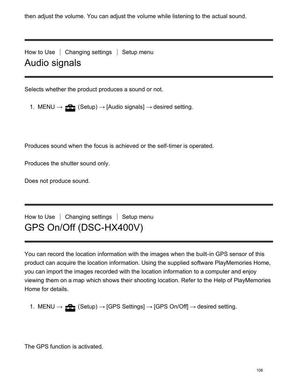 Audio signals, Gps on/off (dsc-hx400v) | Sony DSC-HX400V User Manual | Page 116 / 196