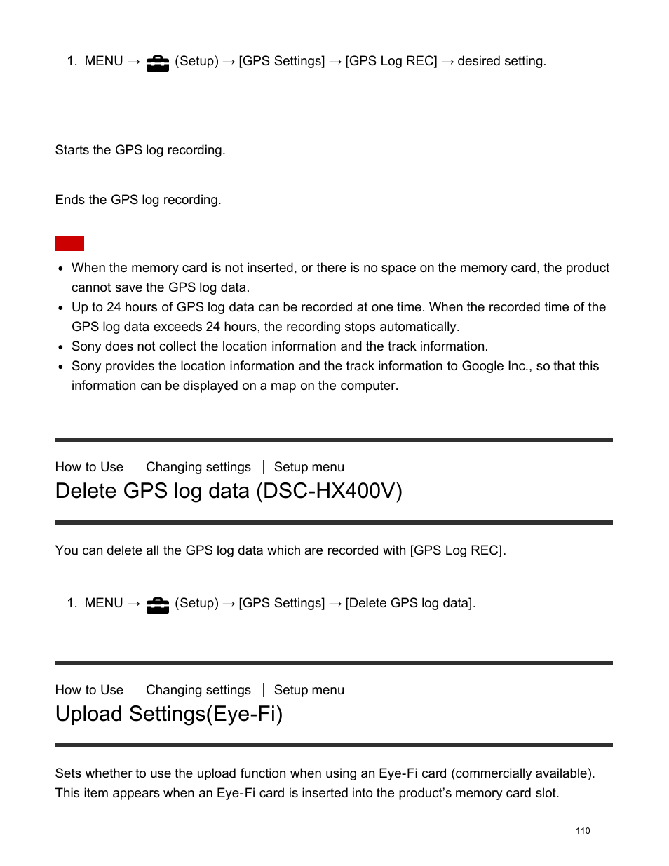 Delete gps log data (dsc-hx400v), Upload settings(eye-fi) | Sony DSC-HX400V User Manual | Page 120 / 196