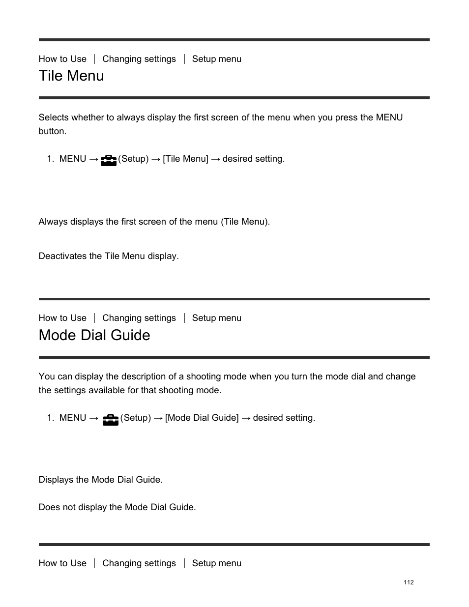 Tile menu, Mode dial guide, Display quality | Sony DSC-HX400V User Manual | Page 122 / 196