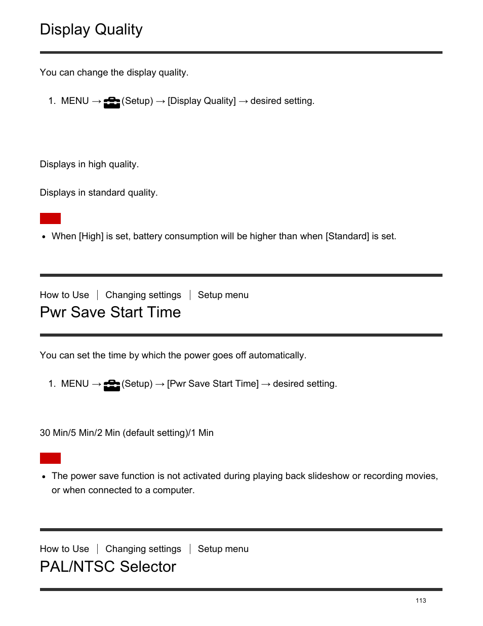 Pwr save start time, Pal/ntsc selector, Display quality | Sony DSC-HX400V User Manual | Page 123 / 196