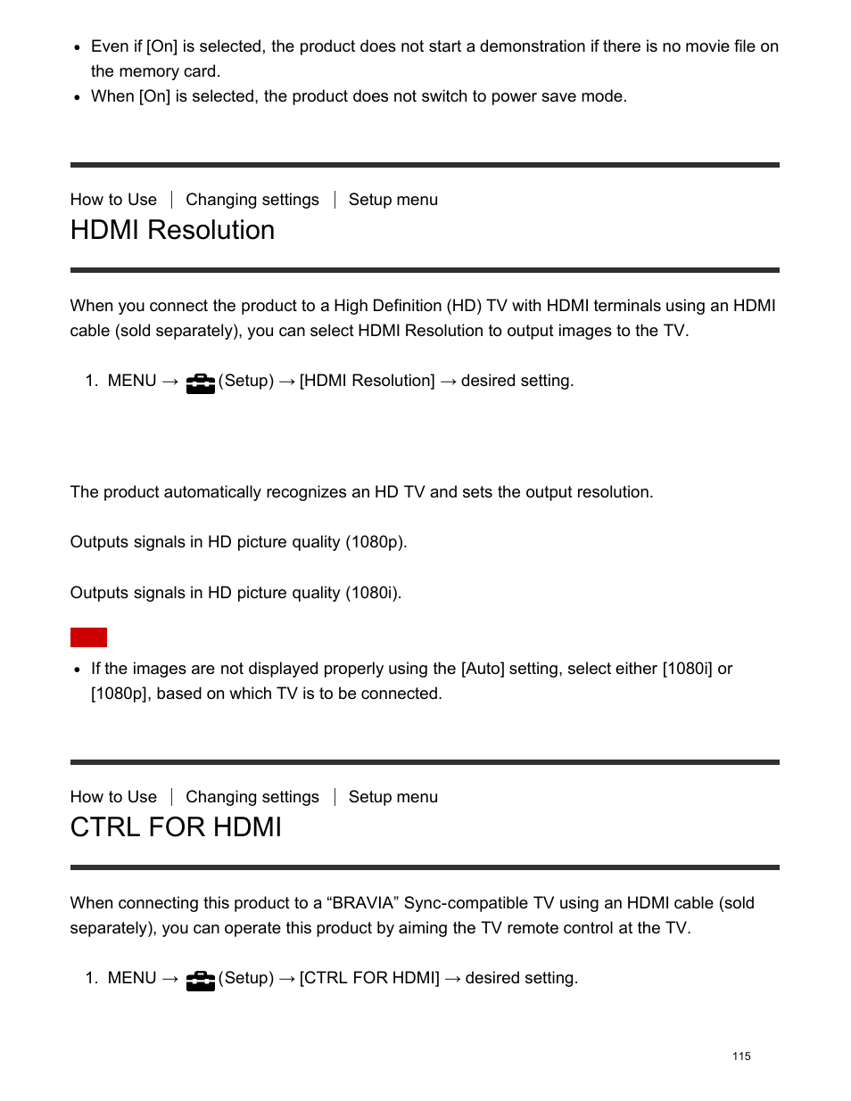 Hdmi resolution, Ctrl for hdmi | Sony DSC-HX400V User Manual | Page 125 / 196