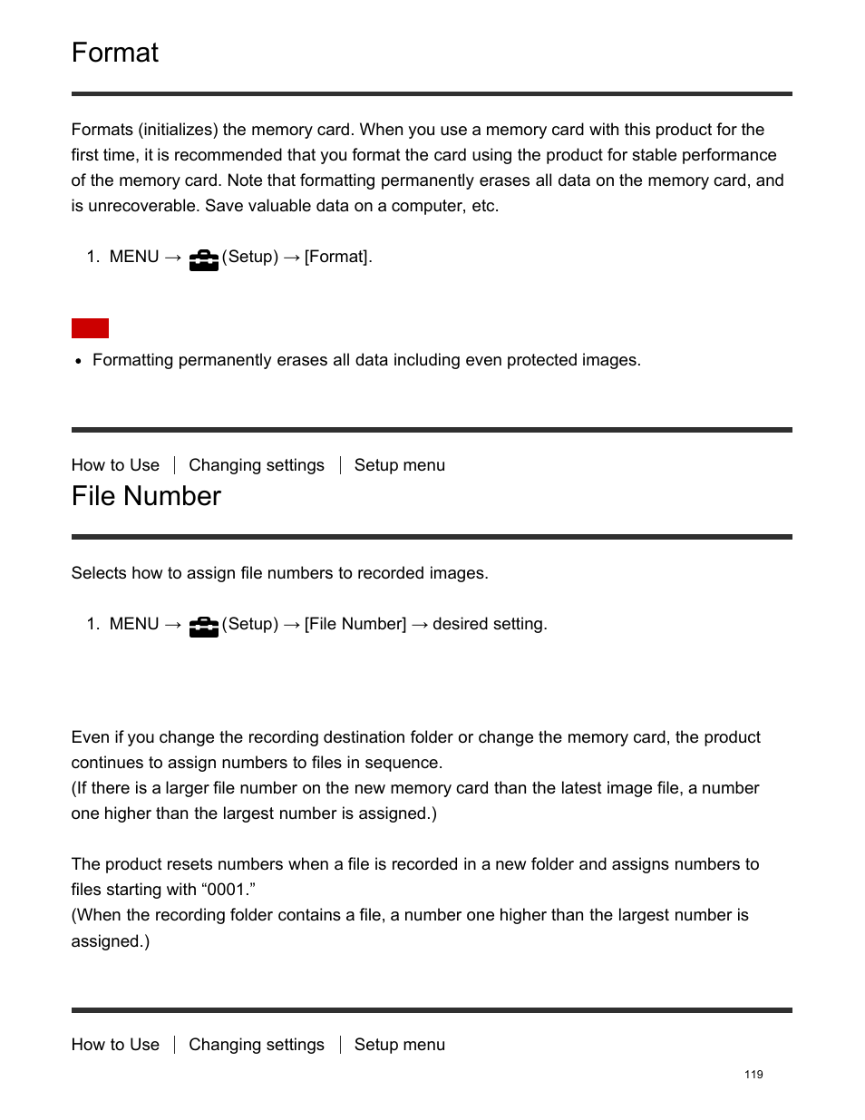 File number, Select rec folder, Format | Sony DSC-HX400V User Manual | Page 129 / 196