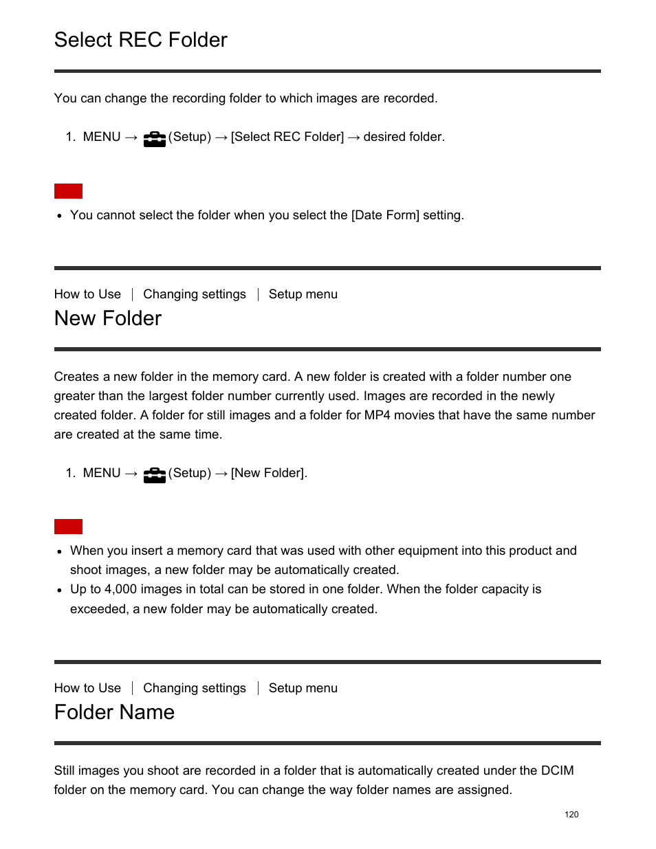 New folder, Folder name, Select rec folder | Sony DSC-HX400V User Manual | Page 130 / 196