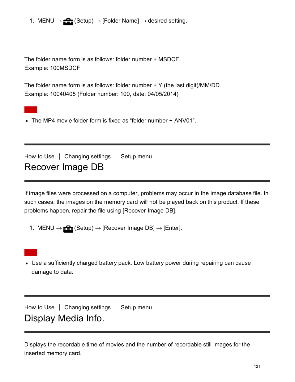 Recover image db, Display media info | Sony DSC-HX400V User Manual | Page 131 / 196