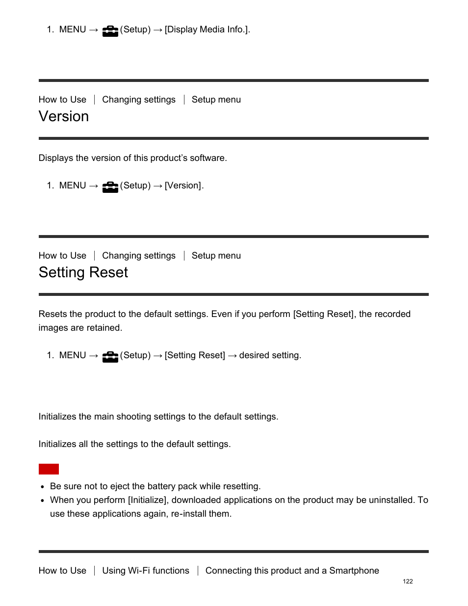 Version, Setting reset, Playmemories mobile | Sony DSC-HX400V User Manual | Page 132 / 196