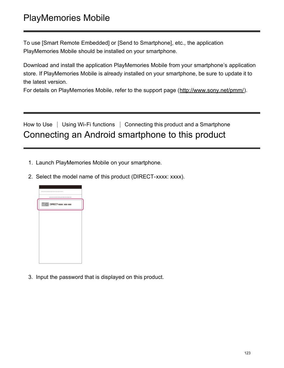 Connecting an android smartphone to this product | Sony DSC-HX400V User Manual | Page 133 / 196