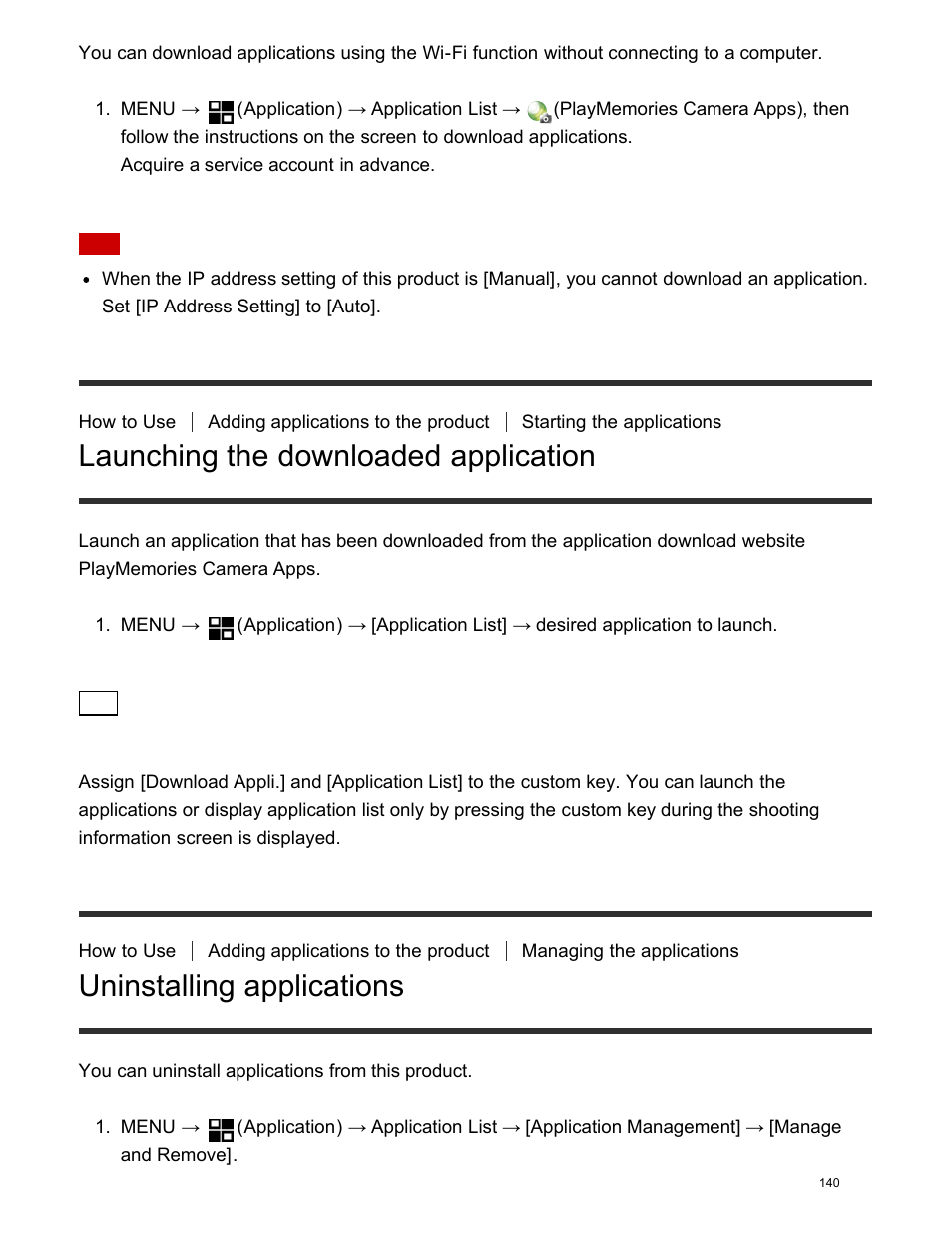 Launching the downloaded application, Uninstalling applications | Sony DSC-HX400V User Manual | Page 150 / 196