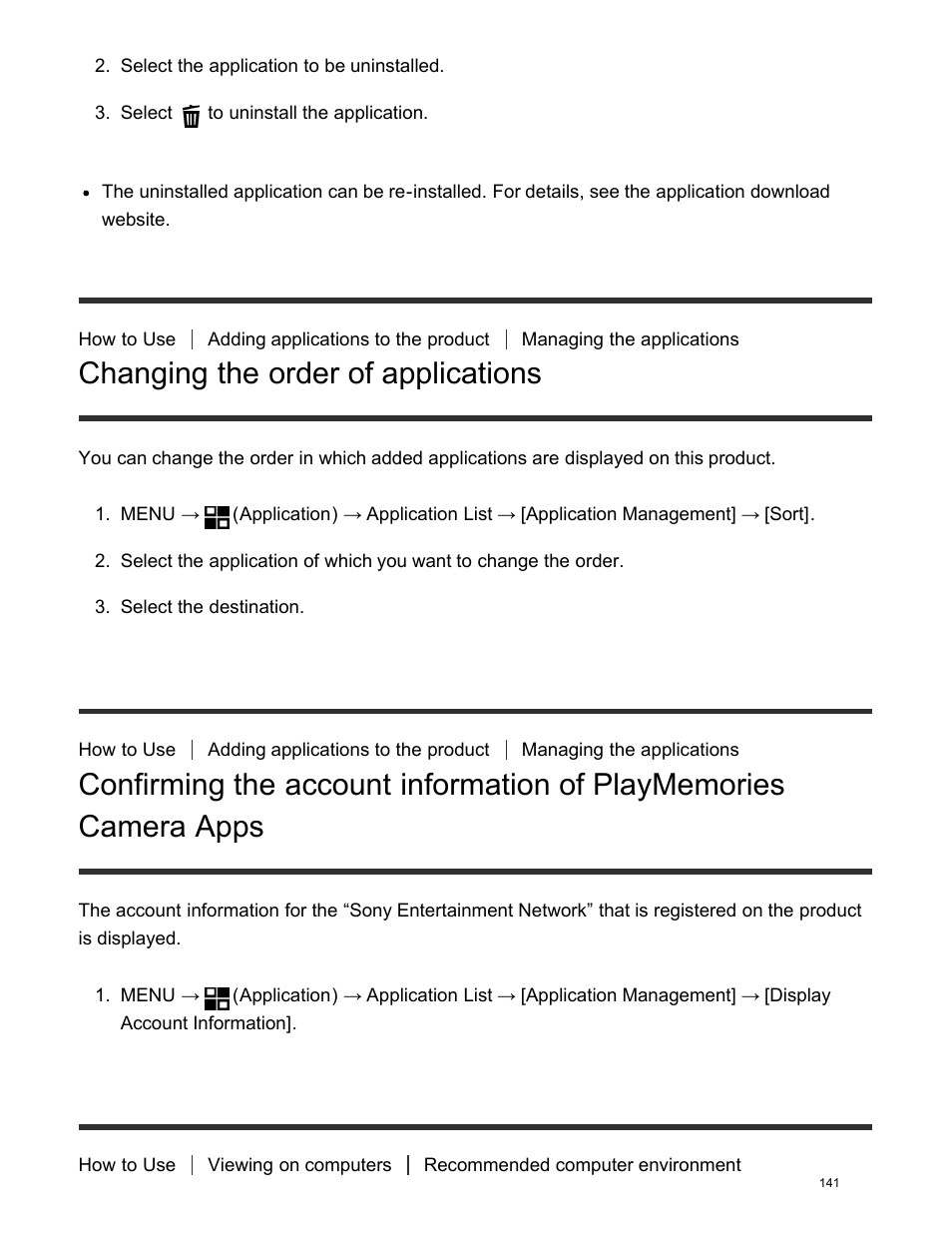 Changing the order of applications, Recommended computer environment | Sony DSC-HX400V User Manual | Page 151 / 196