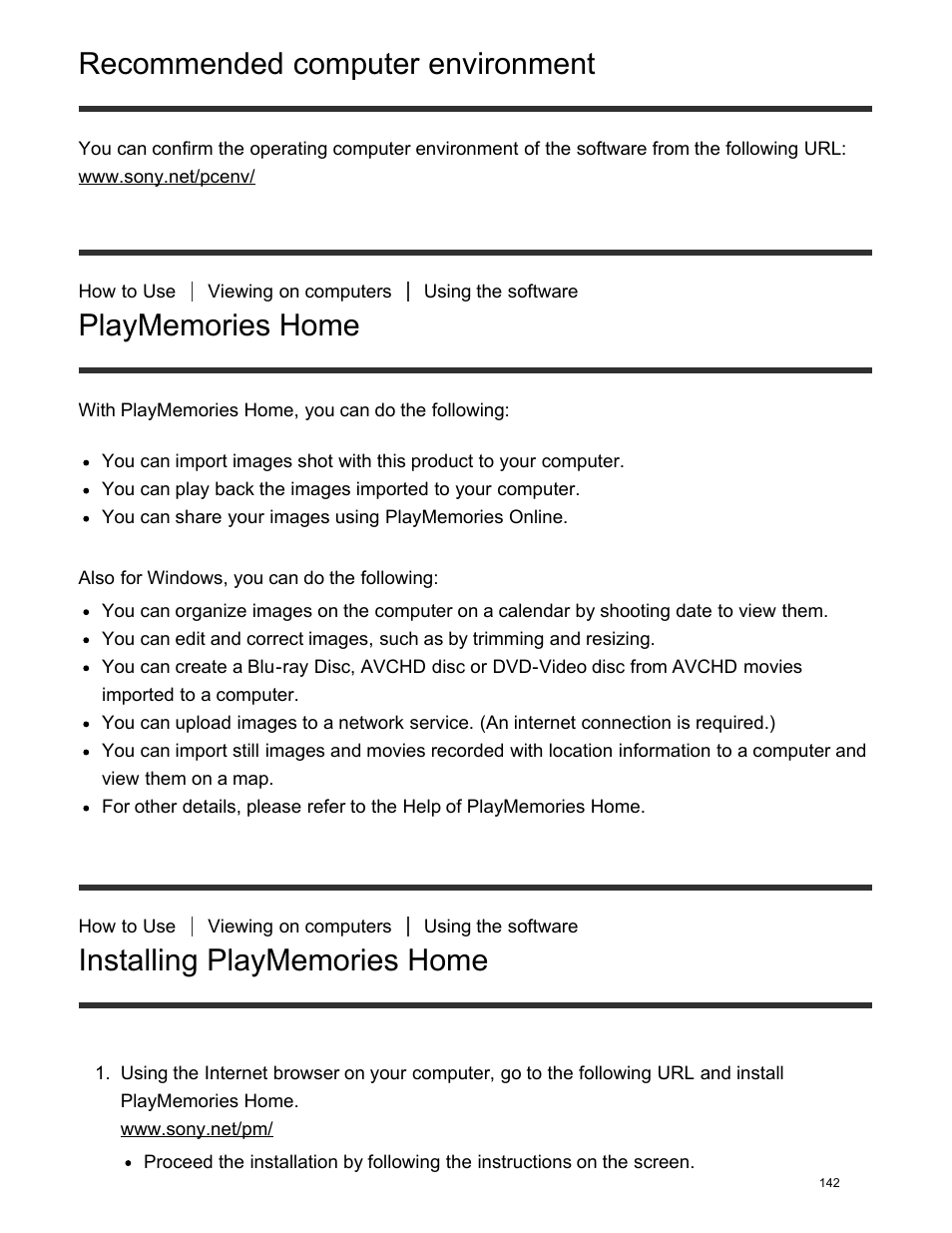 Playmemories home, Installing playmemories home, Recommended computer environment | Sony DSC-HX400V User Manual | Page 152 / 196