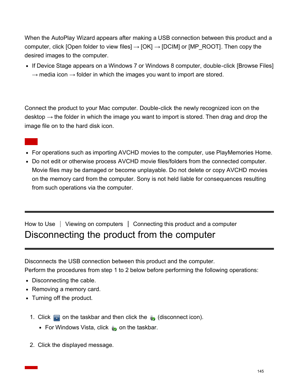 Disconnecting the product from the computer | Sony DSC-HX400V User Manual | Page 155 / 196