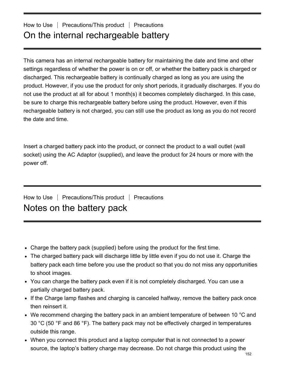 Notes on the battery pack, On the internal rechargeable battery, Charging the battery pack | Sony DSC-HX400V User Manual | Page 162 / 196