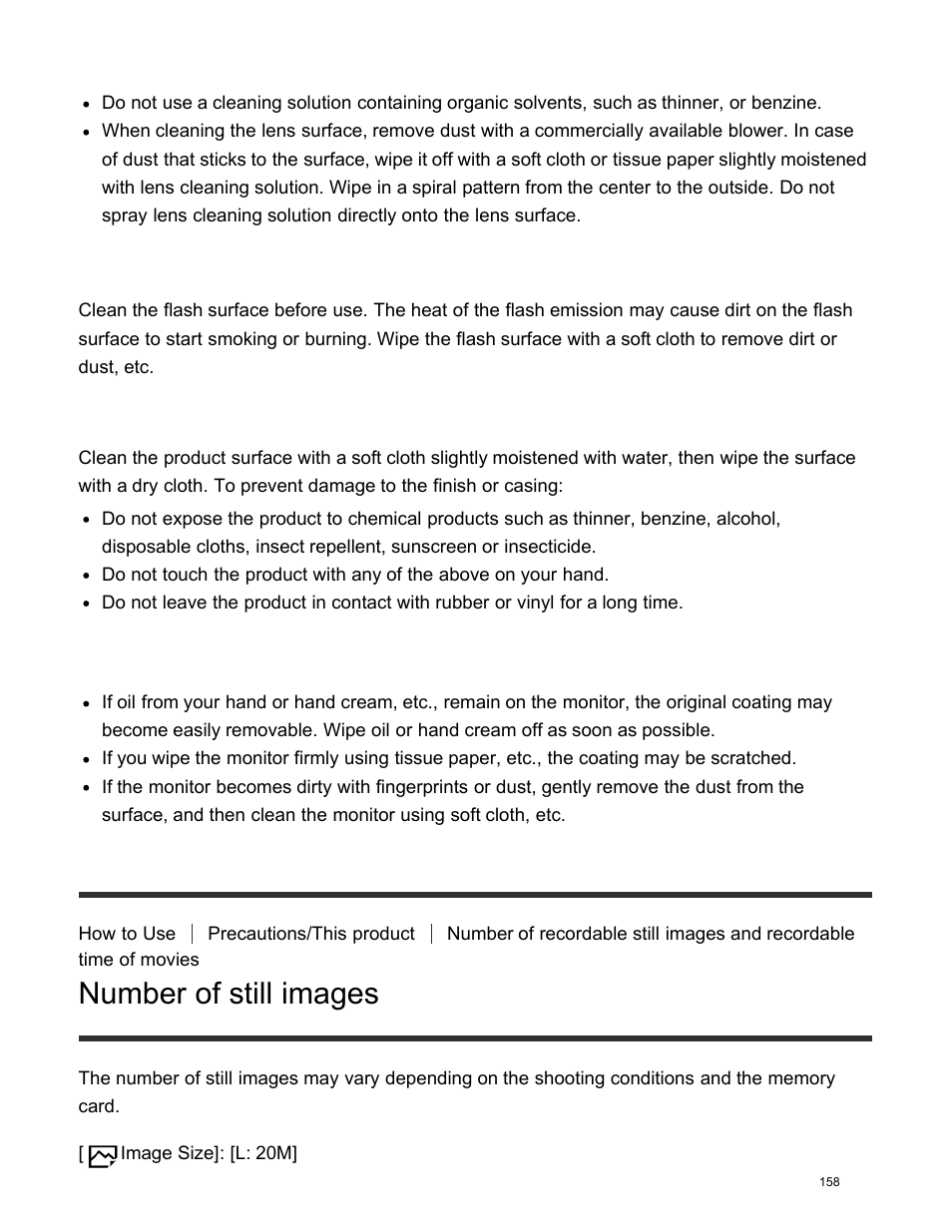 Number of still images, Cleaning the lens, Cleaning the flash | Cleaning the product surface, Cleaning the monitor | Sony DSC-HX400V User Manual | Page 168 / 196