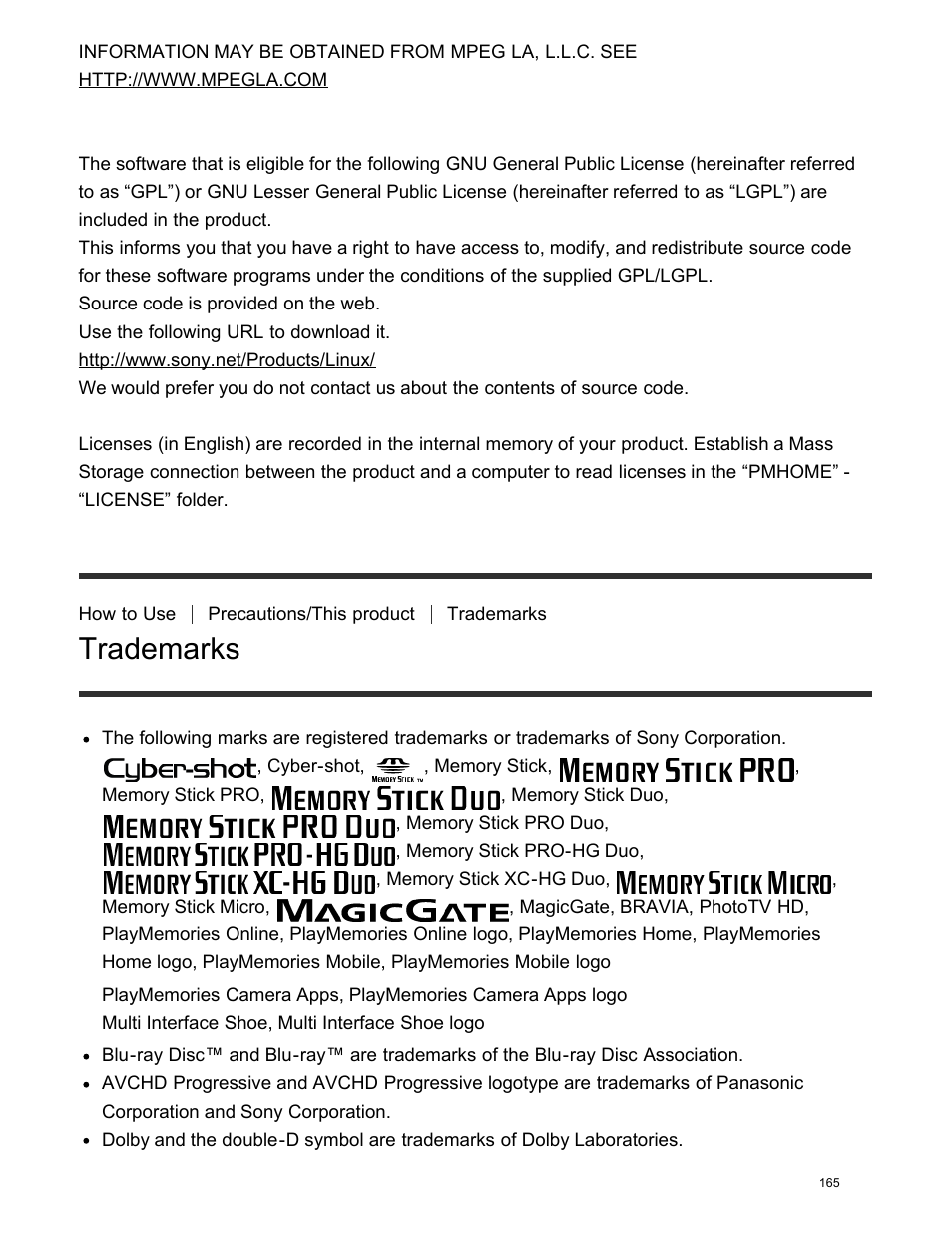 Trademarks, On gnu gpl/lgpl applied software | Sony DSC-HX400V User Manual | Page 175 / 196