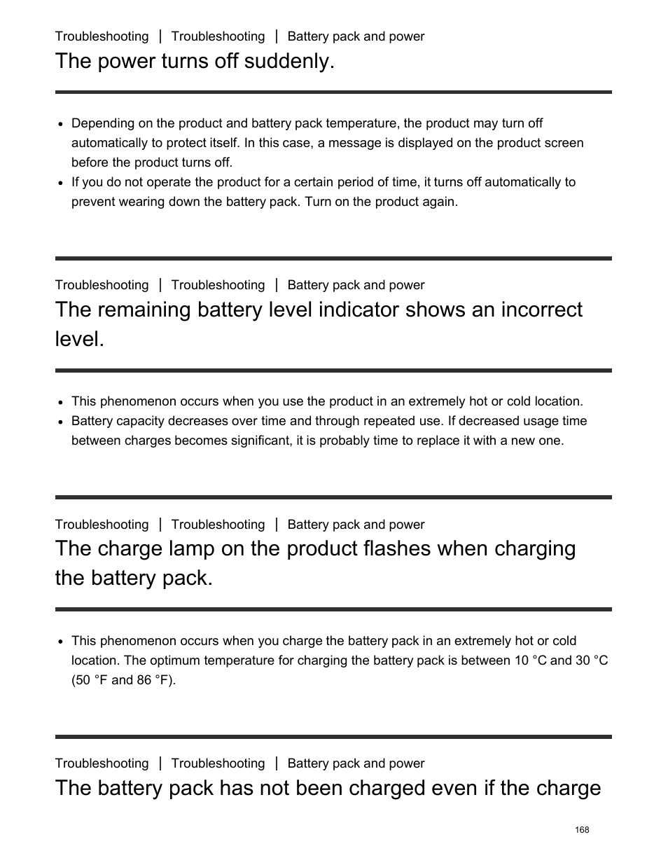 Pack, The product has turned off, The power turns off suddenly | Sony DSC-HX400V User Manual | Page 178 / 196