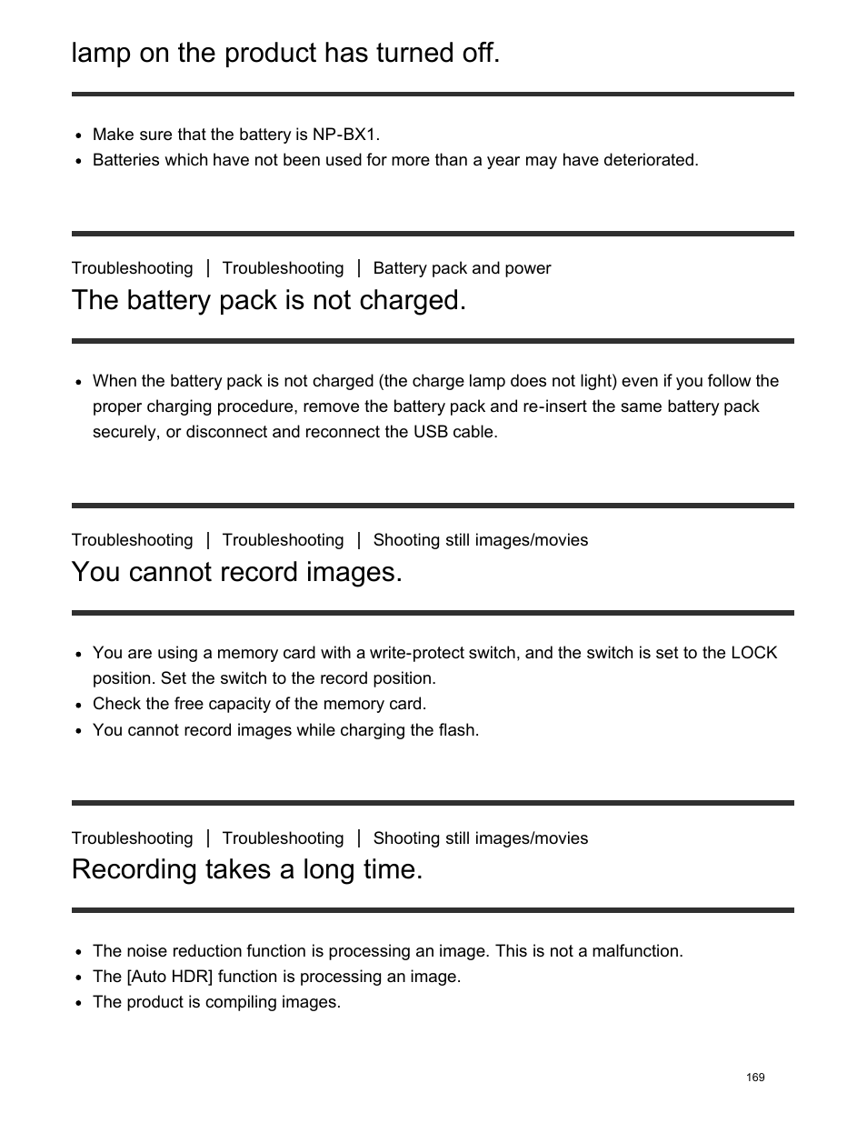 The battery pack is not charged, You cannot record images, Recording takes a long time | The image is out of focus, Lamp on the product has turned off | Sony DSC-HX400V User Manual | Page 179 / 196