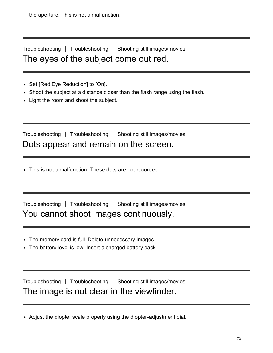 The eyes of the subject come out red, Dots appear and remain on the screen, You cannot shoot images continuously | The image is not clear in the viewfinder, The image is blurred | Sony DSC-HX400V User Manual | Page 183 / 196