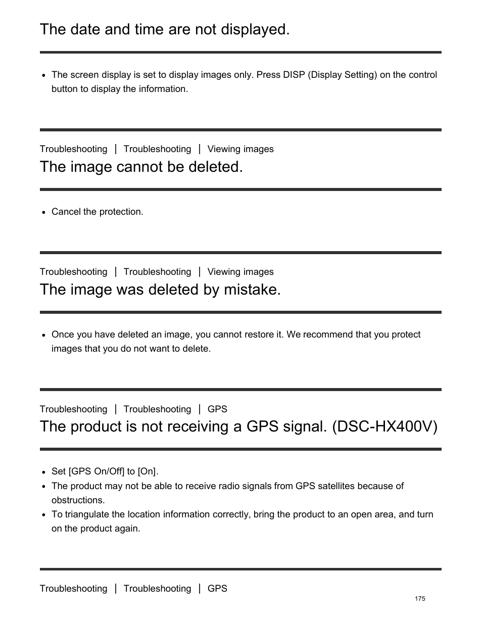 The image cannot be deleted, The image was deleted by mistake, The date and time are not displayed | Sony DSC-HX400V User Manual | Page 185 / 196