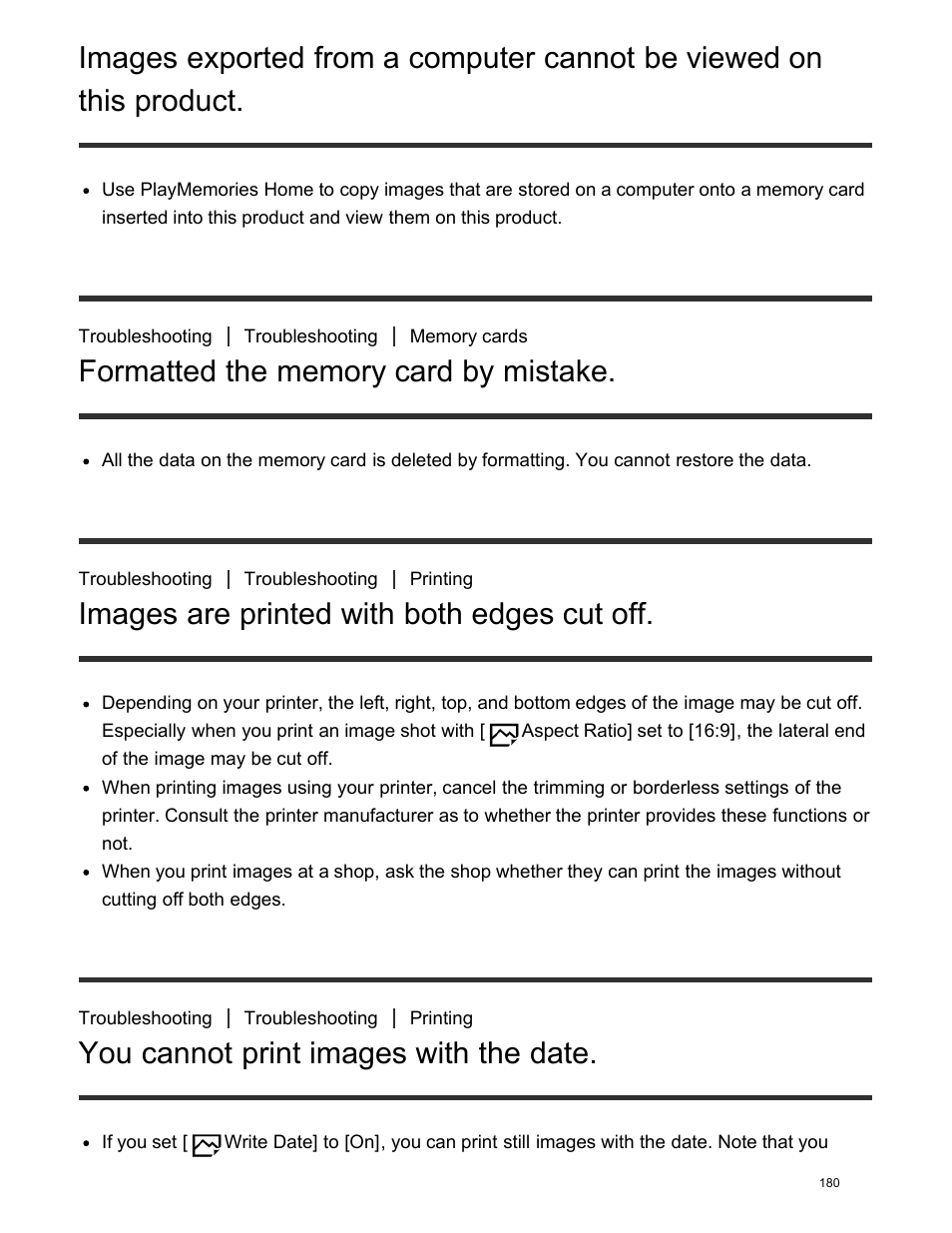 Formatted the memory card by mistake, Images are printed with both edges cut off, You cannot print images with the date | Sony DSC-HX400V User Manual | Page 190 / 196
