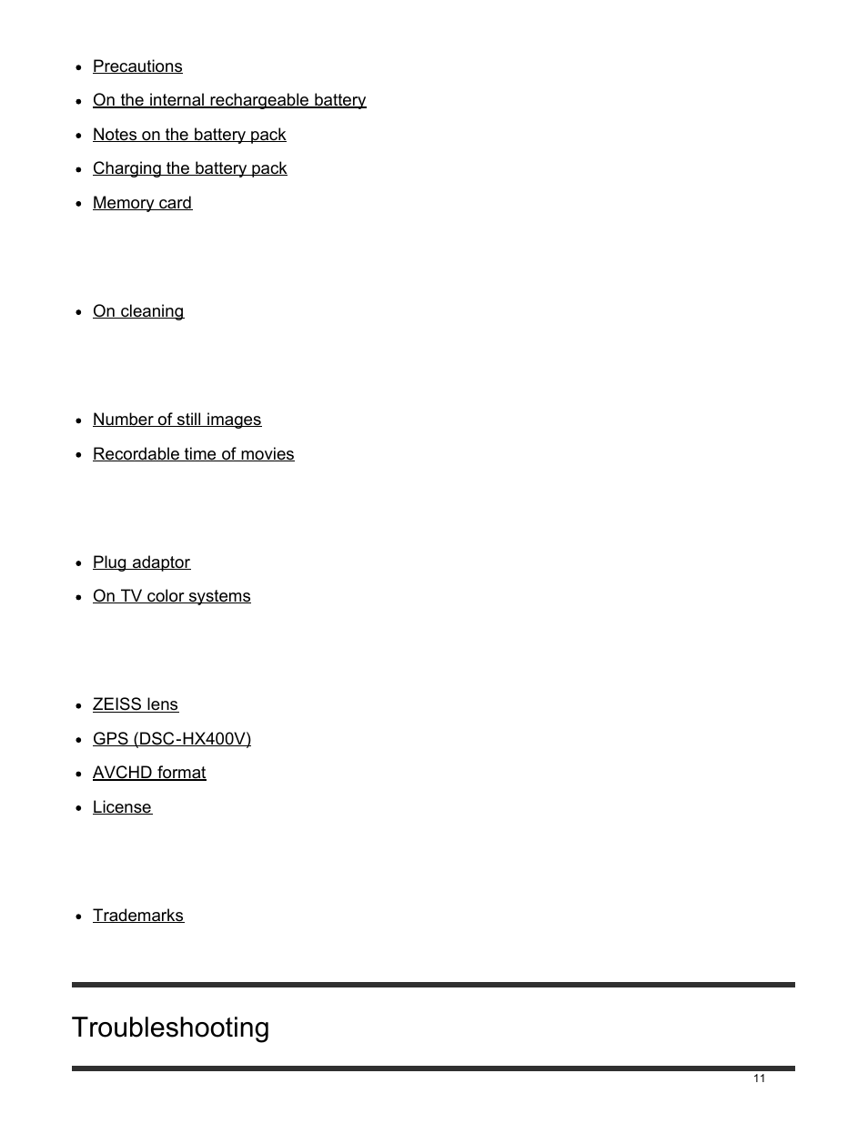 Using this product abroad, Other information, Troubleshooting | Sony DSC-HX400V User Manual | Page 21 / 196