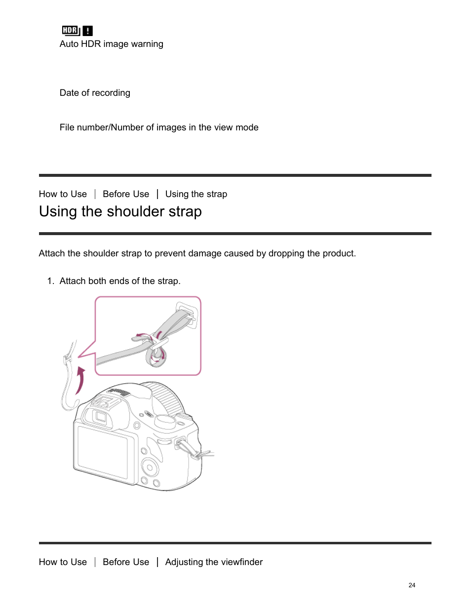 Using the shoulder strap, Adjusting the viewfinder (diopter-adjustment) | Sony DSC-HX400V User Manual | Page 34 / 196