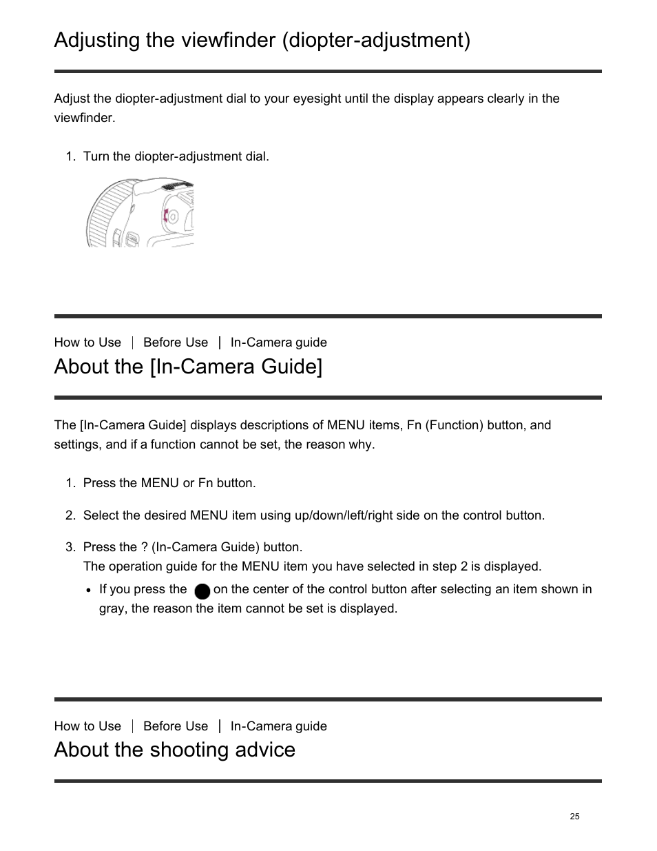 About the [in-camera guide, About the shooting advice, Adjusting the viewfinder (diopter-adjustment) | Sony DSC-HX400V User Manual | Page 35 / 196