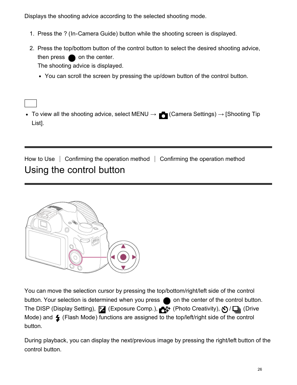 Using the control button, Using menu items | Sony DSC-HX400V User Manual | Page 36 / 196