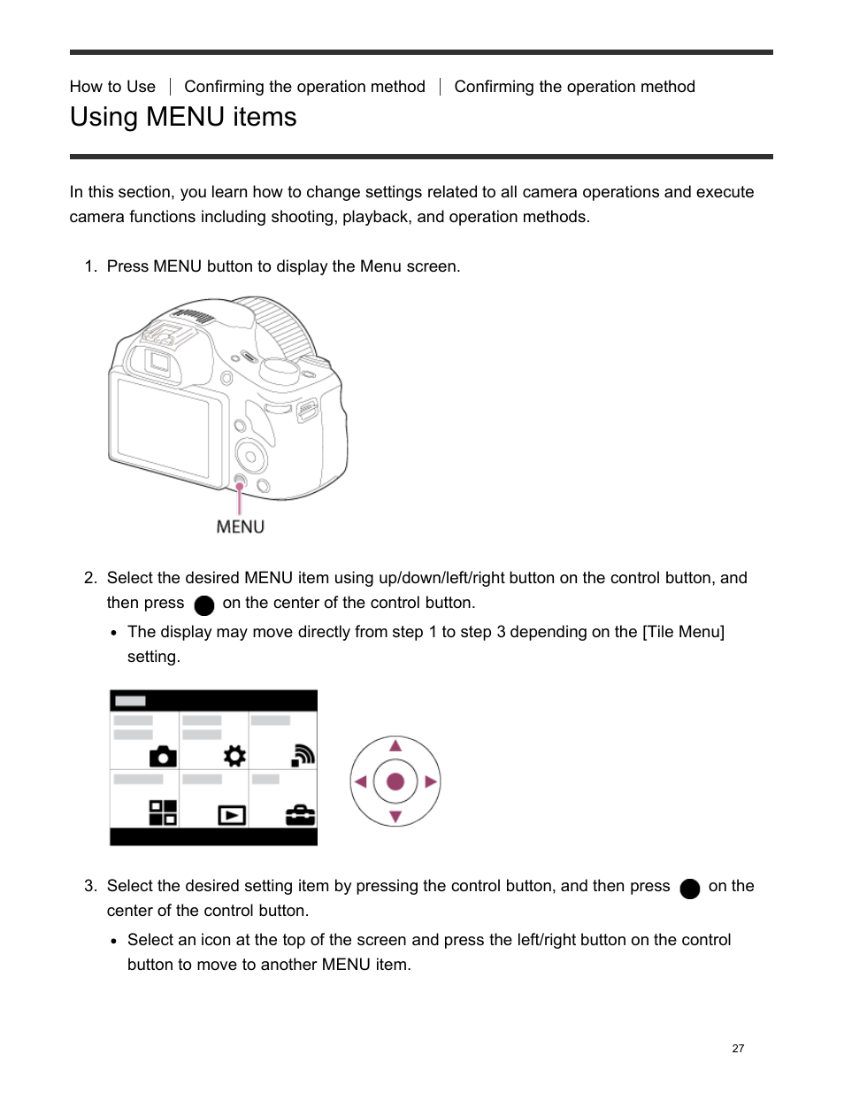 Using menu items | Sony DSC-HX400V User Manual | Page 37 / 196