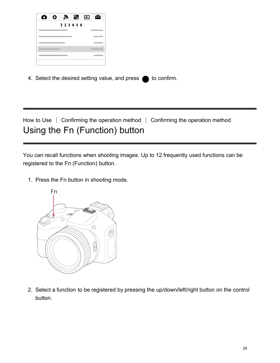 Using the fn (function) button | Sony DSC-HX400V User Manual | Page 38 / 196