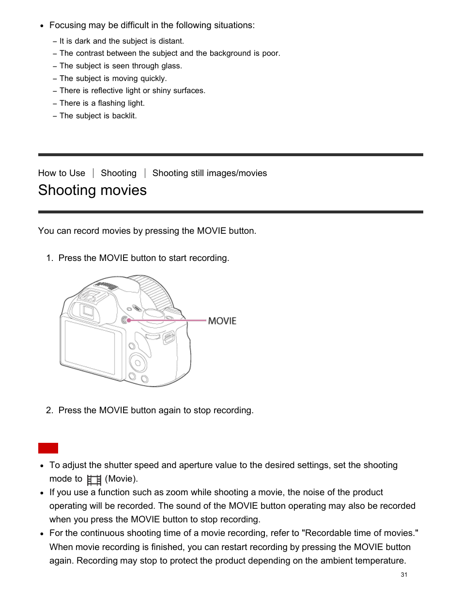 Shooting movies | Sony DSC-HX400V User Manual | Page 41 / 196