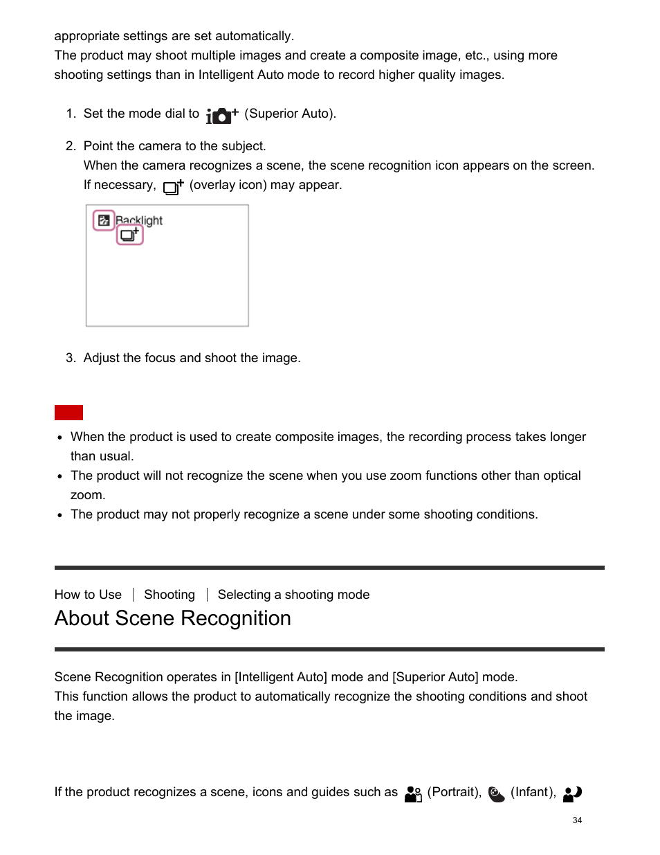 About scene recognition, Scene recognition | Sony DSC-HX400V User Manual | Page 44 / 196