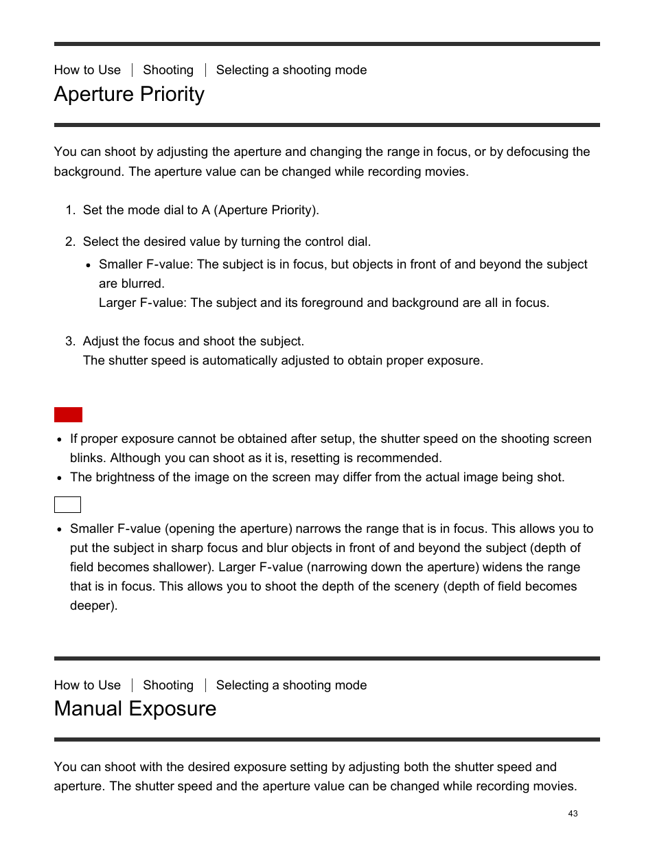 Manual exposure, Aperture priority | Sony DSC-HX400V User Manual | Page 53 / 196