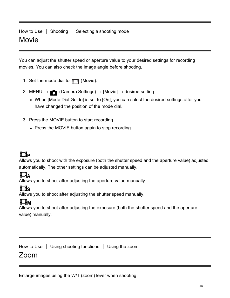 Movie, Zoom | Sony DSC-HX400V User Manual | Page 55 / 196